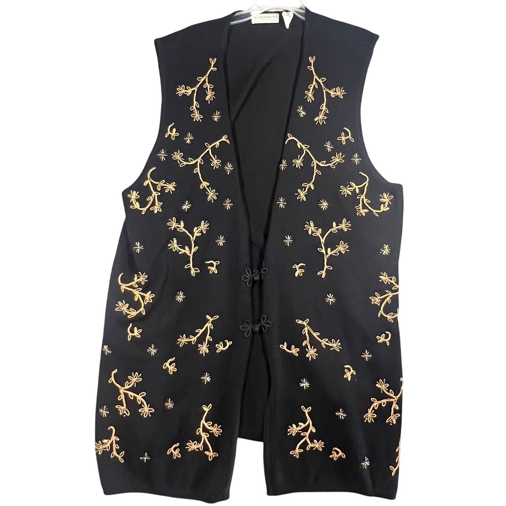 Elisabeth by Liz Claiborne Women's Black Gold Embroidered‎ Beaded Knit Vest Size